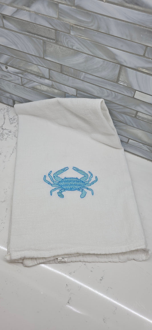 Embroidered Blue Crab Kitchen Towel (1) | 100% Cotton, Coastal Beach House Decor