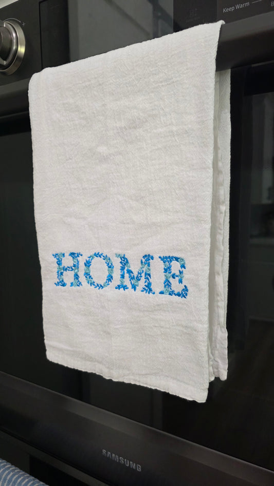Embroidered "Home" Kitchen Towel | Blue Floral 100% Cotton Dish Towel