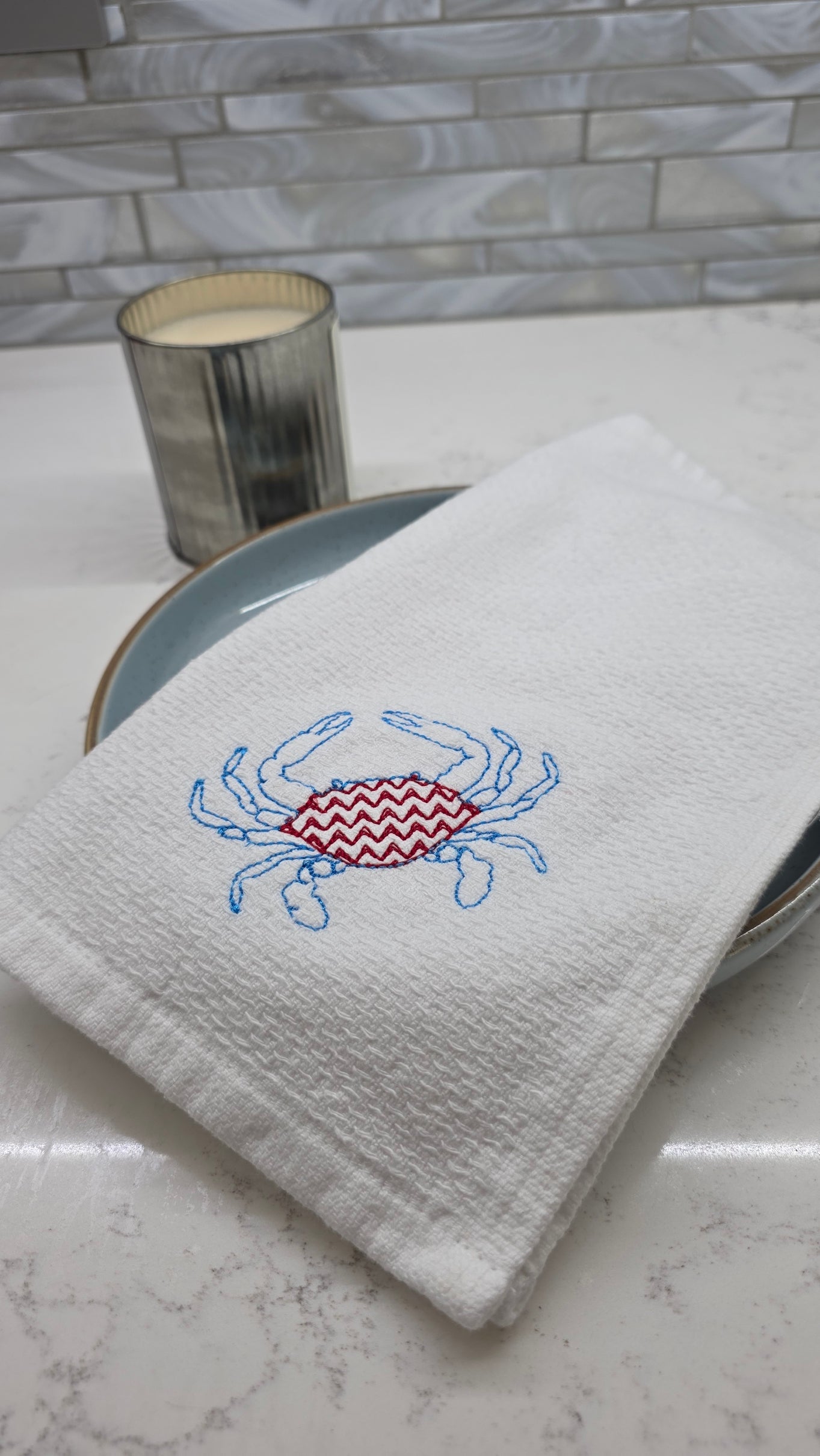 Embroidered Crab Kitchen Towel | Red White Blue Coastal Dish Towel