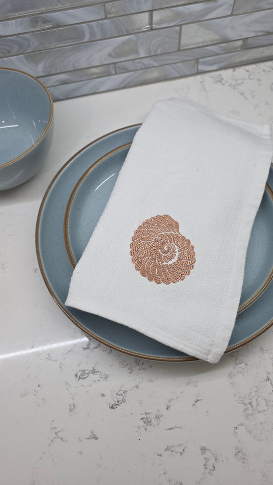 Embroidered Spiral Seashell Kitchen Towel | Coastal Cotton Beach House Decor