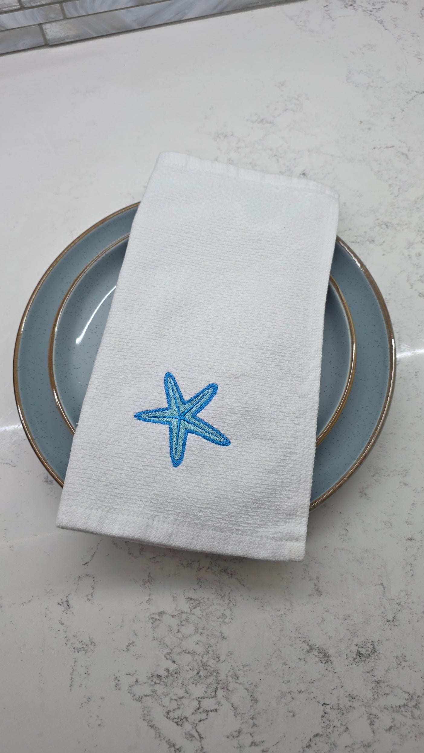 Embroidered Starfish Kitchen Towel | Coastal Dish Towel | Summer House Decor