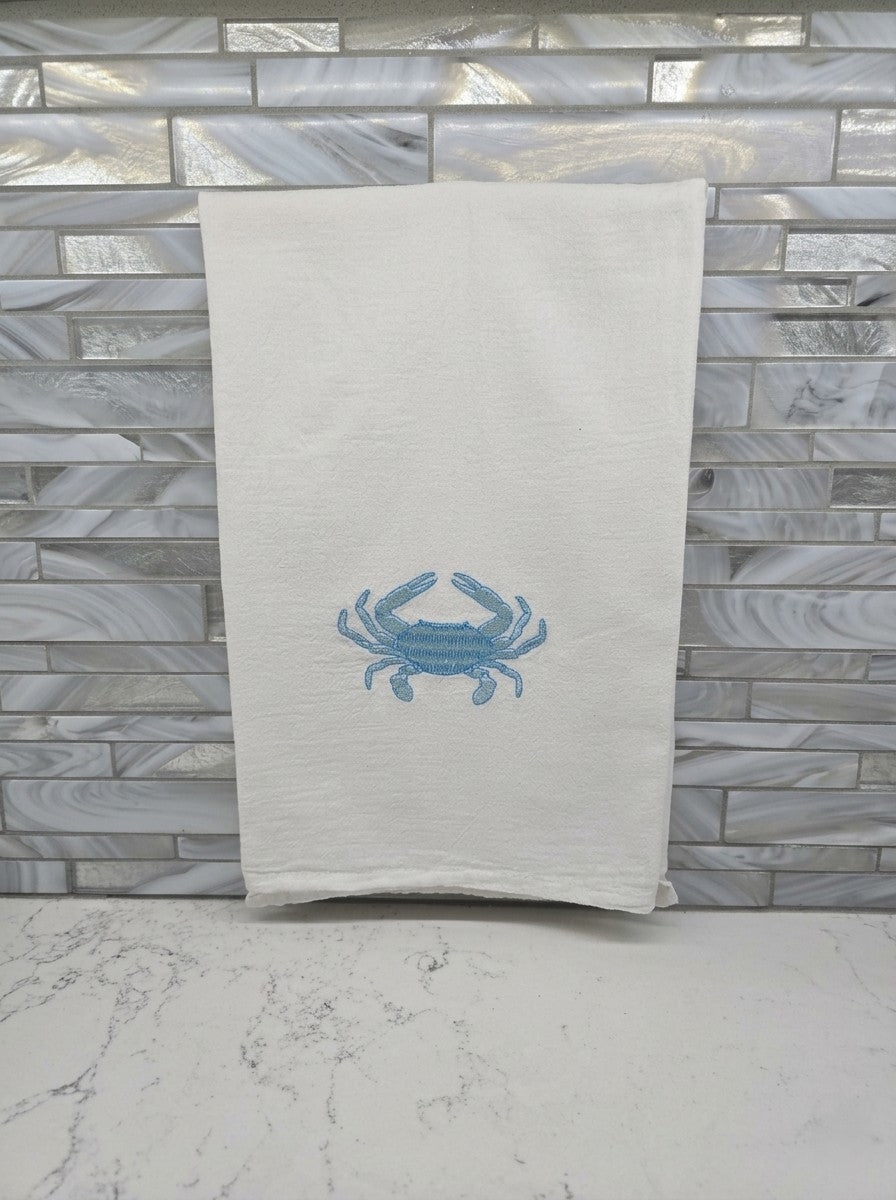 Embroidered Blue Crab Kitchen Towel (1) | 100% Cotton, Coastal Beach House Decor