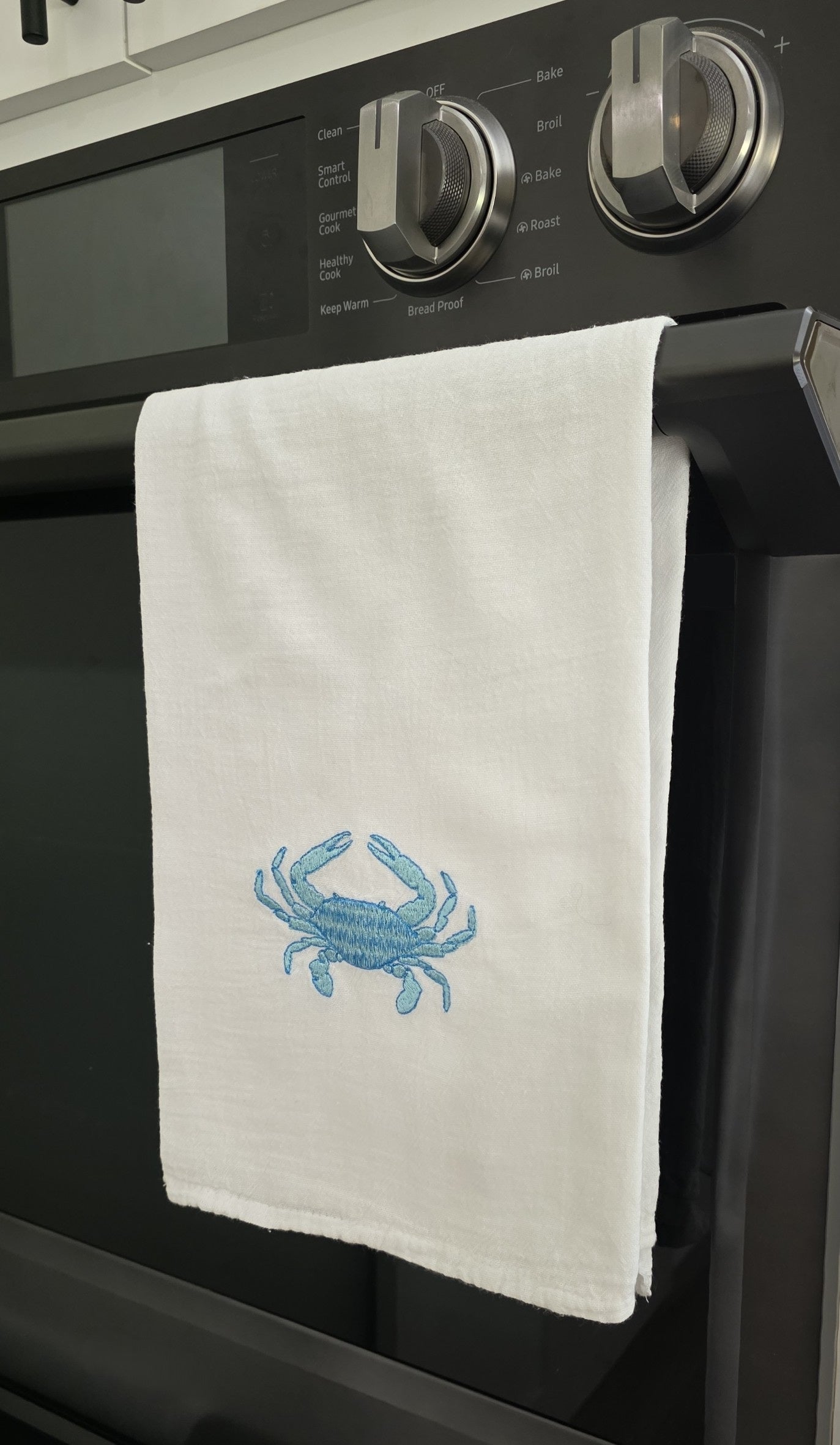 Embroidered Blue Crab Kitchen Towel (1) | 100% Cotton, Coastal Beach House Decor