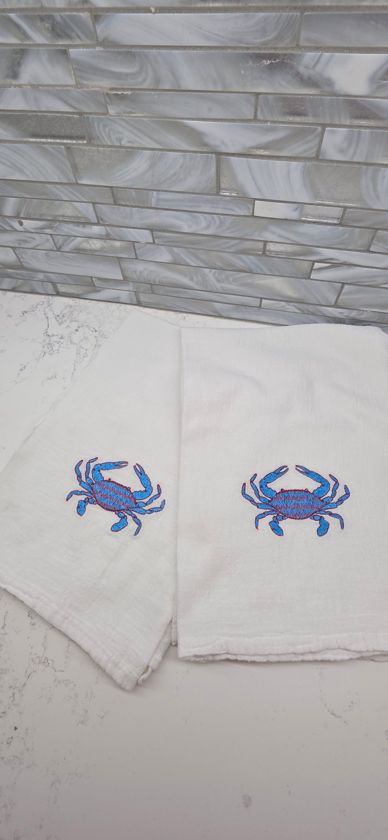Embroidered Blue Crab Kitchen Towel (1) | 100% Cotton, Coastal Beach House Decor