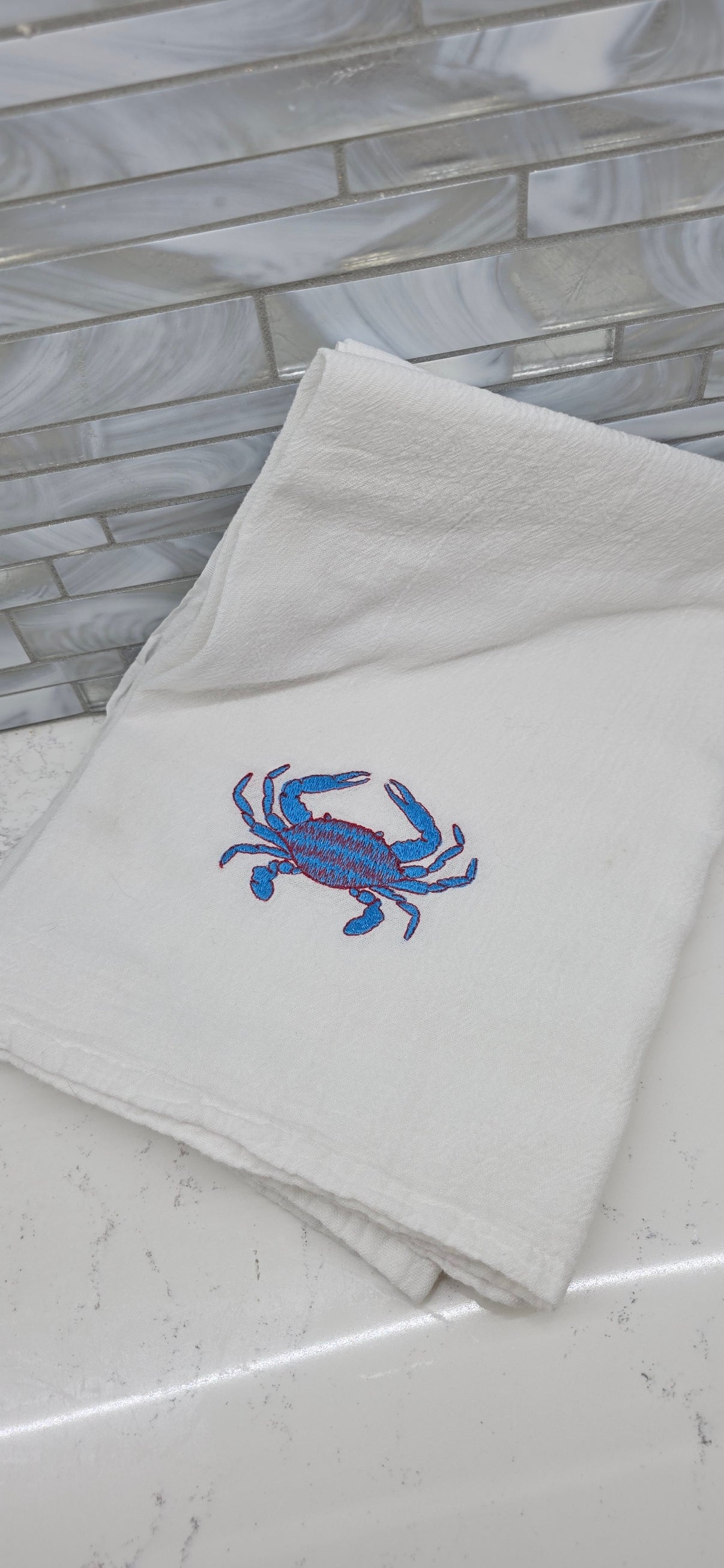 Embroidered Blue Crab Kitchen Towel (1) | 100% Cotton, Coastal Beach House Decor