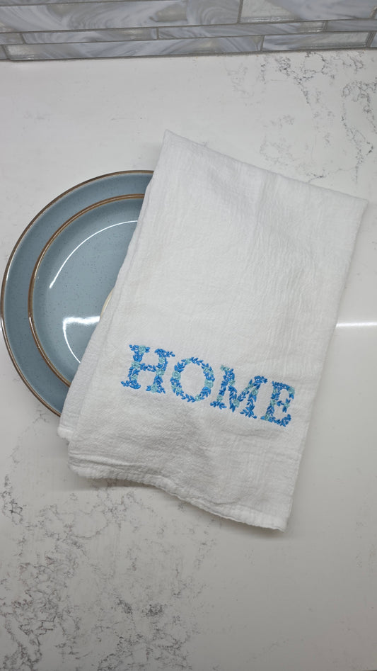 Embroidered "Home" Kitchen Towel | Blue Floral 100% Cotton Dish Towel