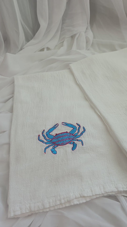 Embroidered Blue Crab Kitchen Towel (1) | 100% Cotton, Coastal Beach House Decor