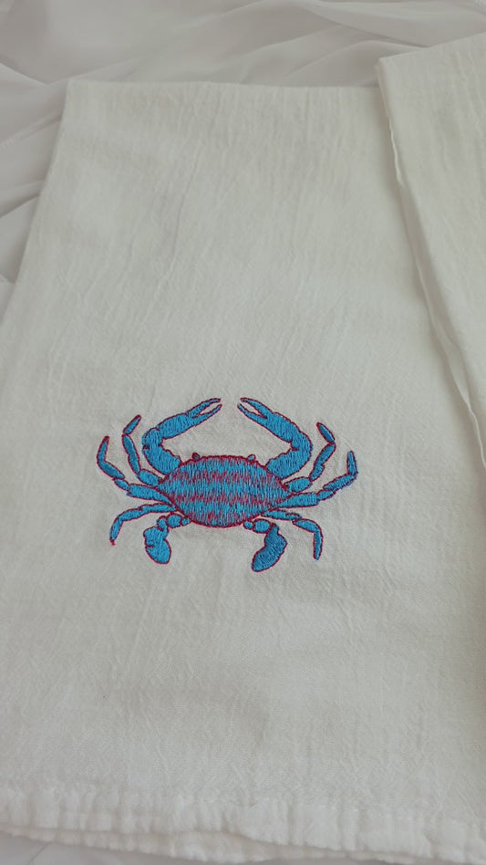 Embroidered Blue Crab Kitchen Towel (1) | 100% Cotton, Coastal Beach House Decor