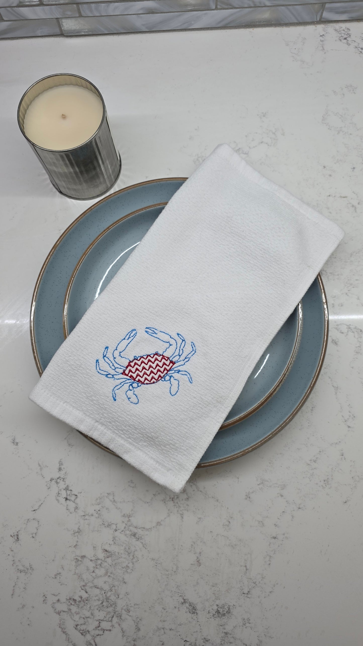 Embroidered Crab Kitchen Towel | Red White Blue Coastal Dish Towel