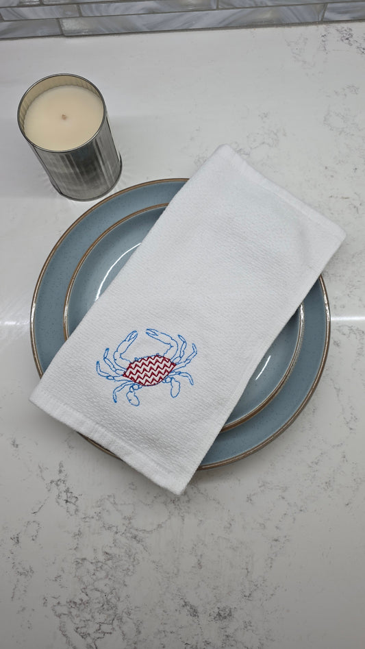 Embroidered Crab Kitchen Towel | Red White Blue Coastal Dish Towel