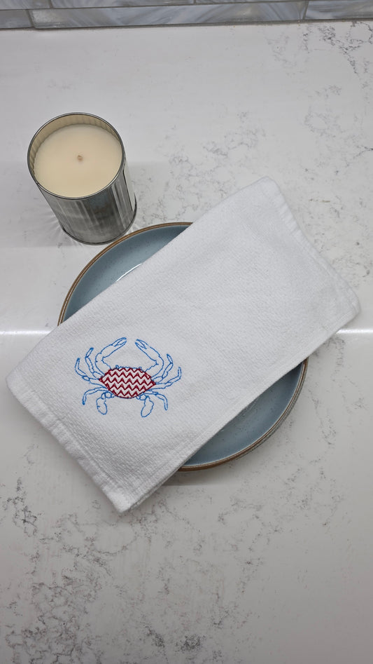 Embroidered Crab Kitchen Towel | Red White Blue Coastal Dish Towel