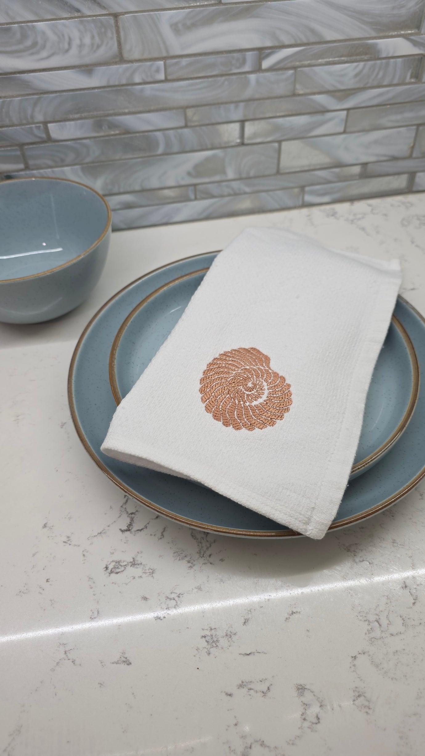 Embroidered Spiral Seashell Kitchen Towel | Coastal Cotton Beach House Decor