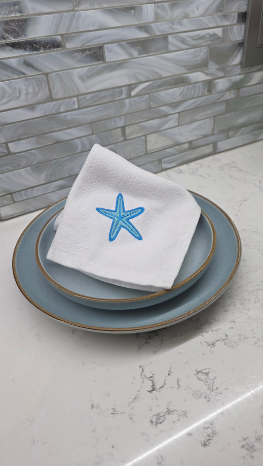 Embroidered Starfish Kitchen Towel | Coastal Dish Towel | Summer House Decor